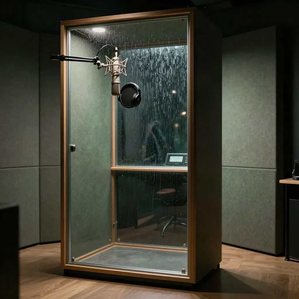 Empty voice booth at night with mic, headphones, rain-streaked glass, and soft teal glow.