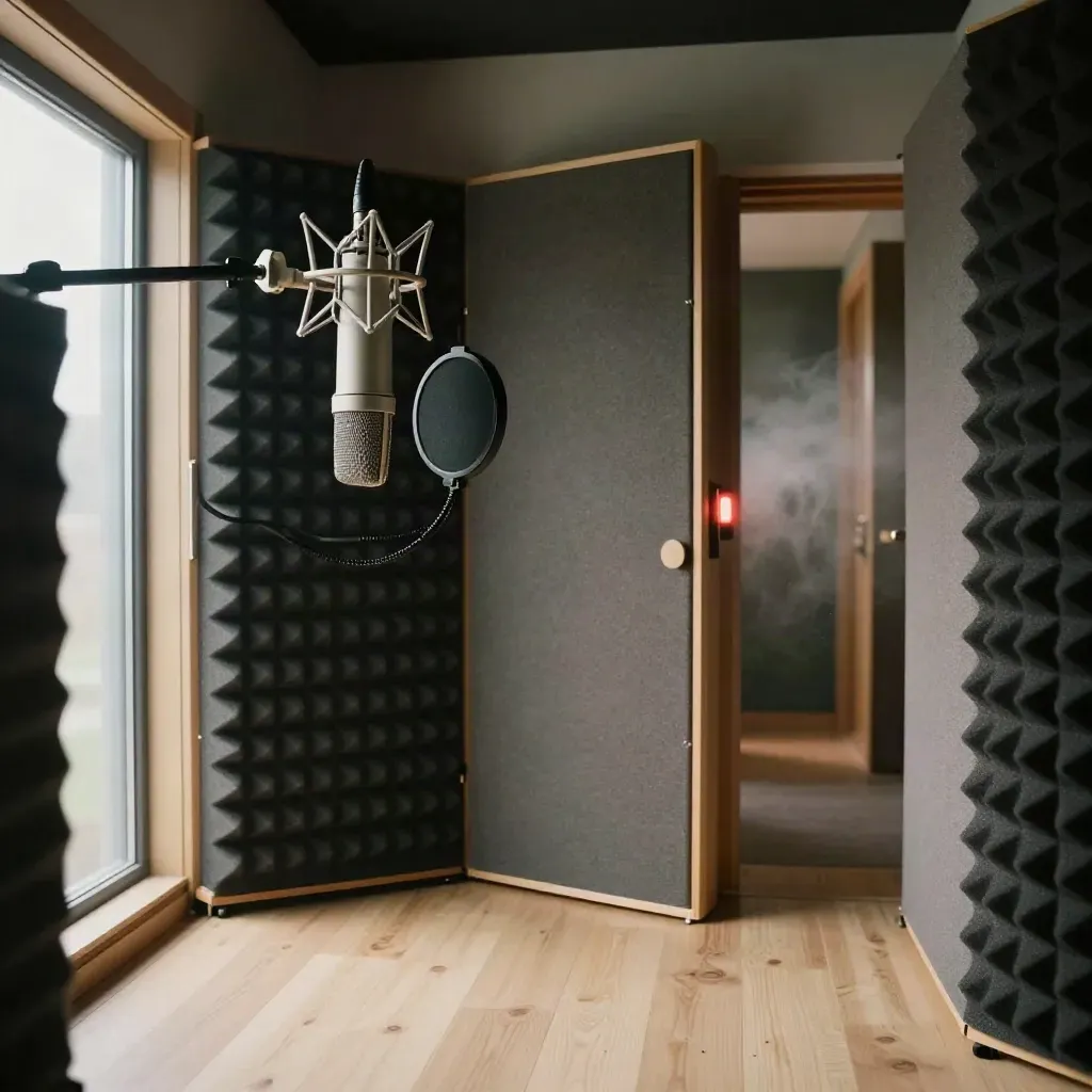 Open voice booth with suspended mic, acoustic foam, folded screen, and glowing tally light in warm window mist.