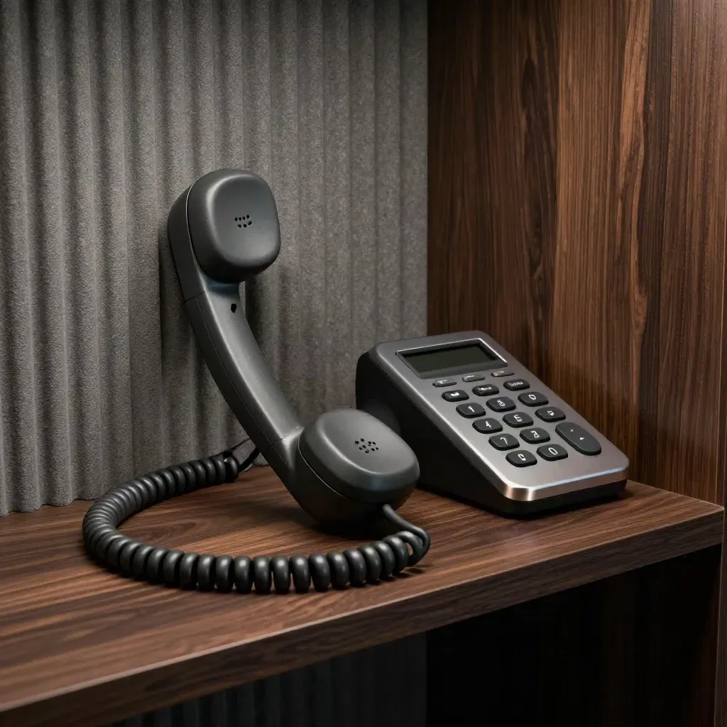 Matte handset and routing unit in a dark acoustic-lined nook, lit by a dramatic soft beam.