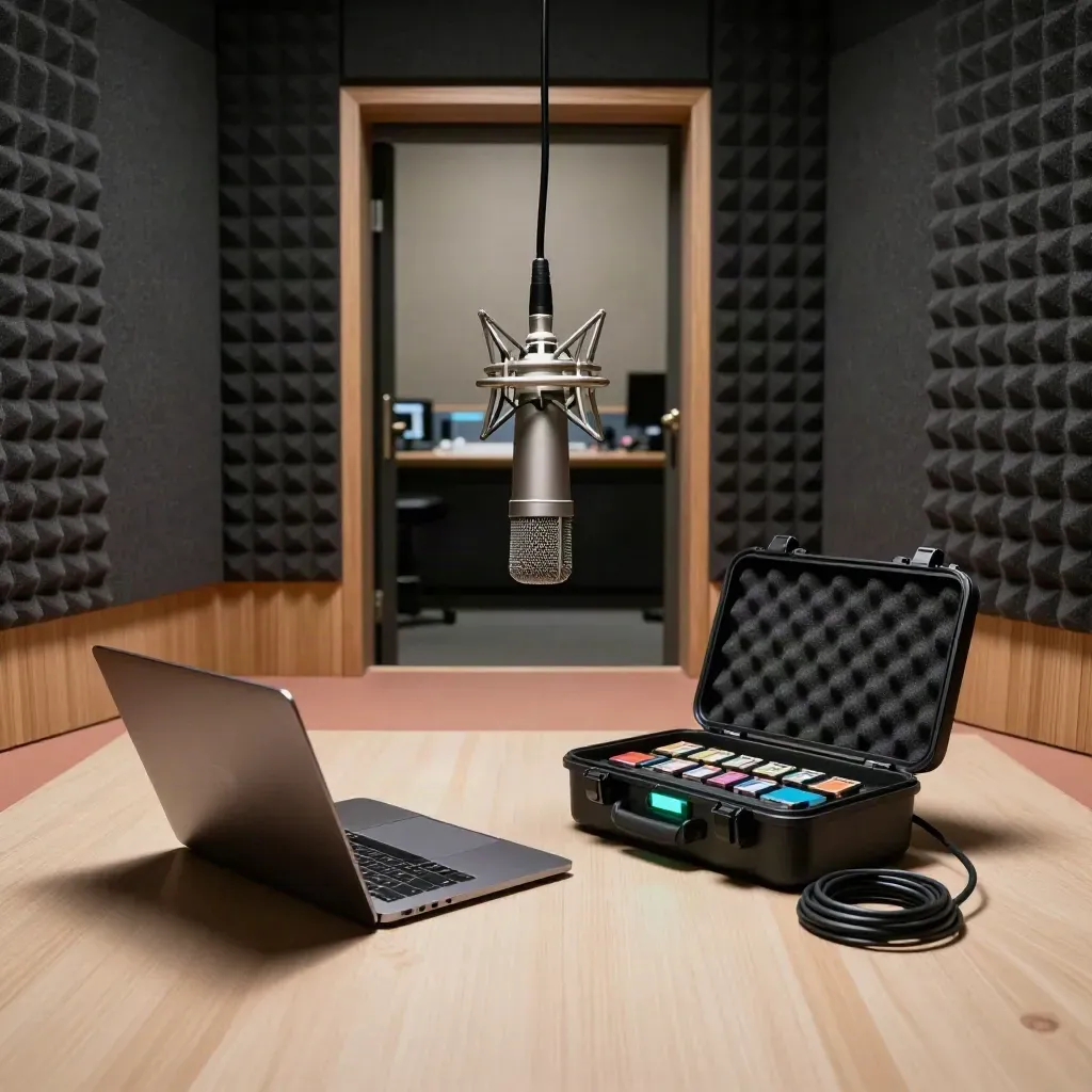 A narration booth with mic, closed laptop, memory cards, and a foam case packed for delivery.