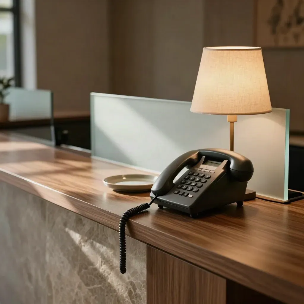 Quiet reception desk with phone, lamp, tray, and frosted glass in warm after-hours light.