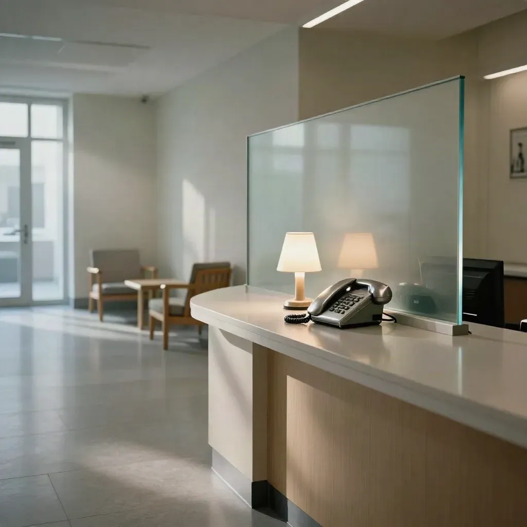 Quiet clinic reception counter with desk phone, frosted glass, lamp, and empty waiting nook.