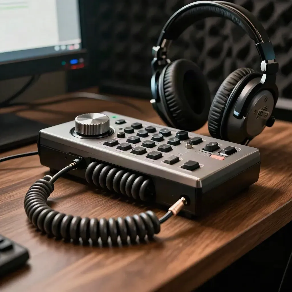Transport controller, headphones, and coiled cable in a dramatic low-lit audio edit still life.