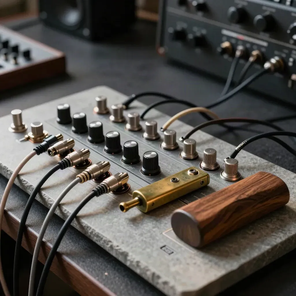 Close-up of synth patch cables, brass chime and wood block on a stone slab in moody studio light.