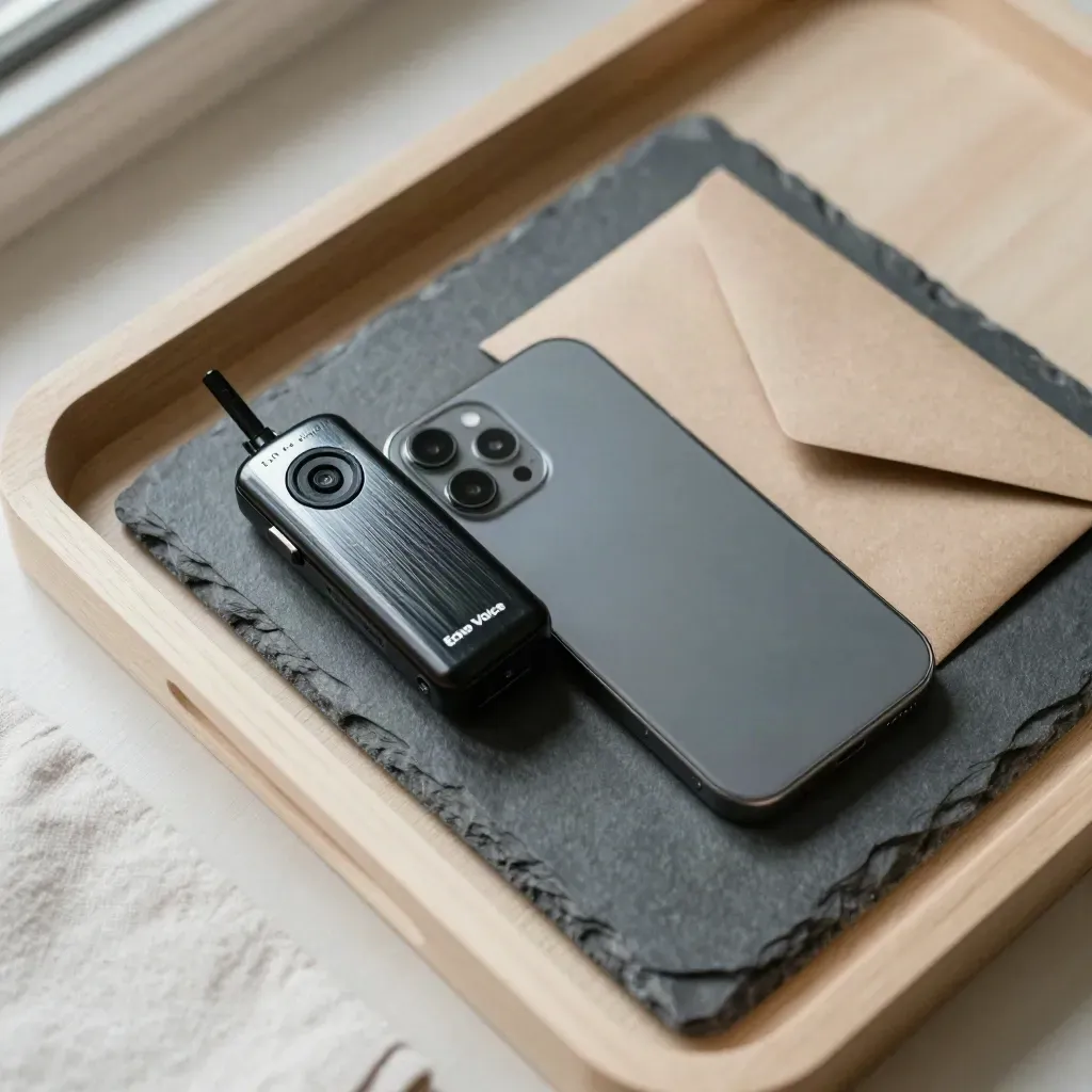 Overhead still life of a voice recorder, face-down phone, and sealed kraft envelope on a slate tray.