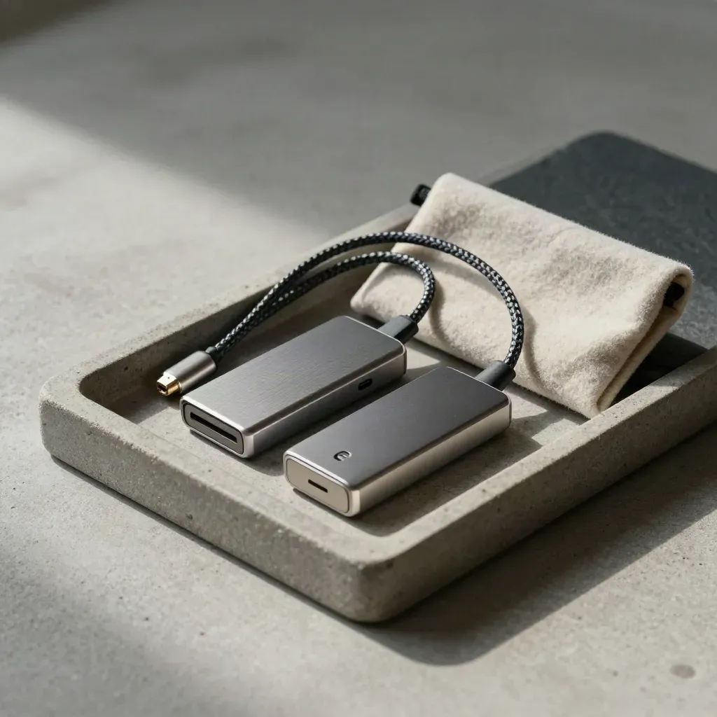 Two polished drives, braided cable, and felt pouch in a stone tray on concrete.